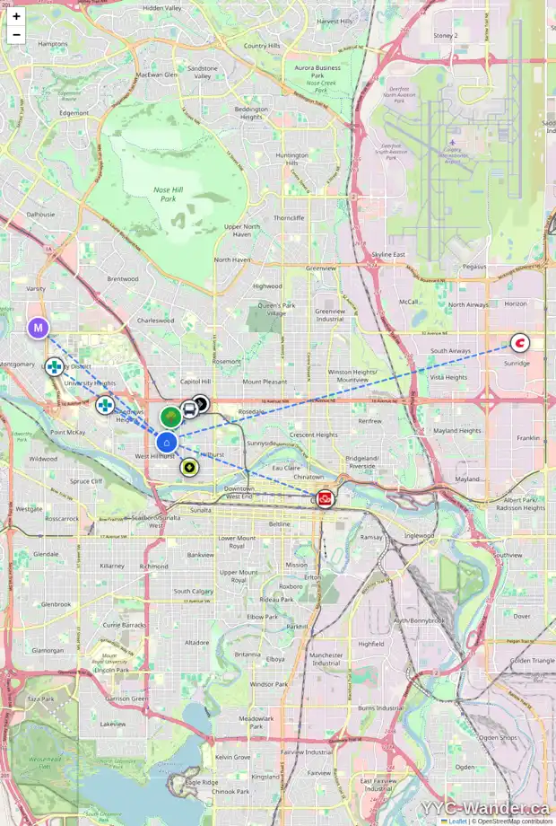 Daily accessibility map for 2222 6 AV NW, Calgary showing nearby schools, grocery stores, parks, LRT stations and nearby amenities