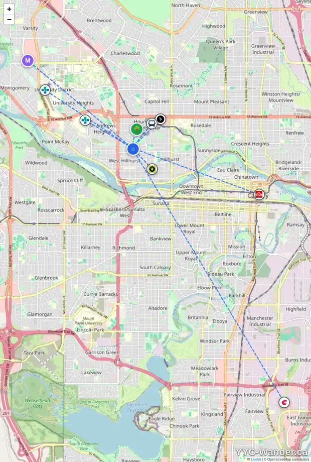 Daily accessibility map for 2224 6 AV NW, Calgary showing nearby schools, grocery stores, parks, LRT stations and nearby amenities