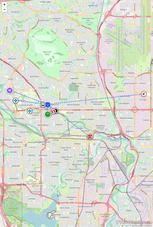 Daily accessibility map for 2320 22 ST NW, Calgary showing nearby schools, grocery stores, parks, LRT stations and nearby amenities