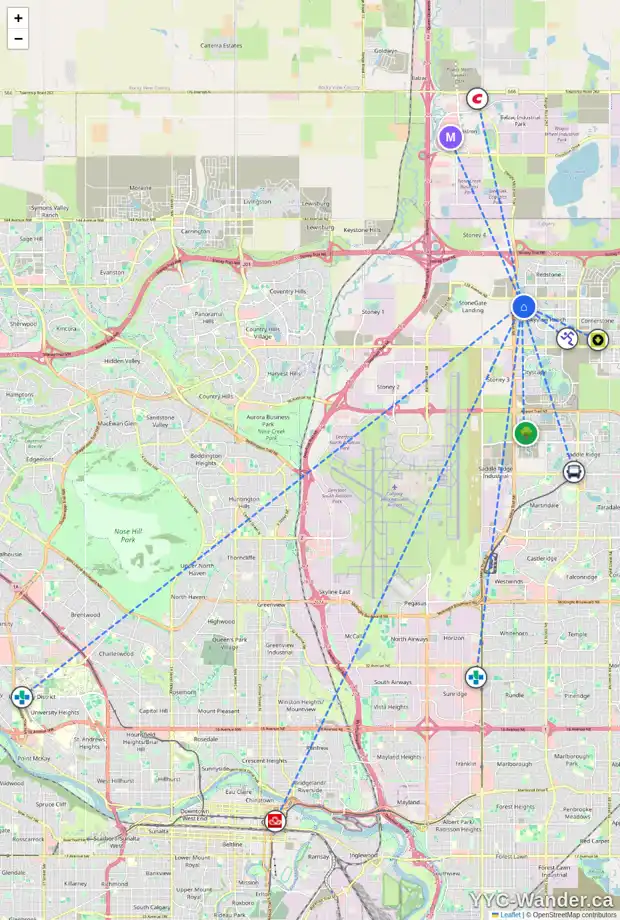Daily accessibility map for 23 SKYVIEW SPRINGS CV NE, Calgary showing nearby schools, grocery stores, parks, LRT stations and nearby amenities