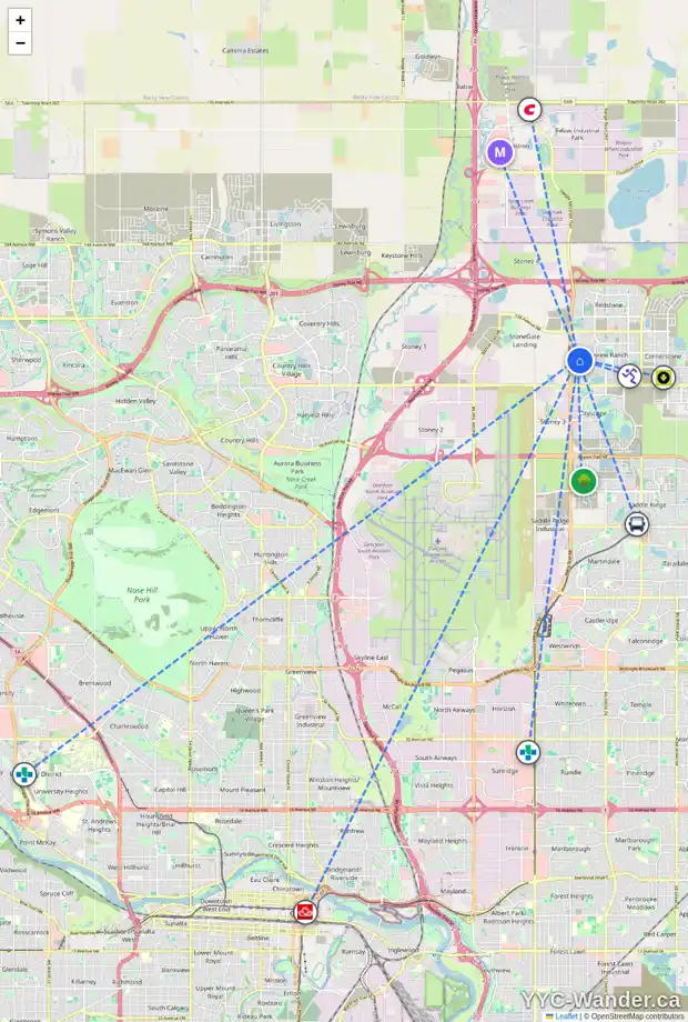 Daily accessibility map for 28 SKYVIEW SPRINGS CR NE, Calgary showing nearby schools, grocery stores, parks, LRT stations and nearby amenities