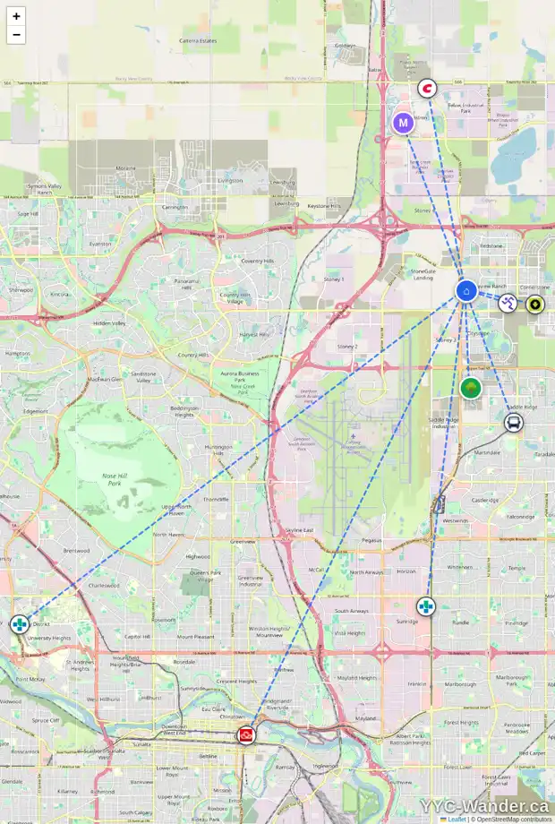 Daily accessibility map for 40 SKYVIEW SPRINGS CR NE, Calgary showing nearby schools, grocery stores, parks, LRT stations and nearby amenities