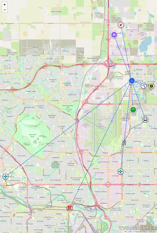 Daily accessibility map for 162 SKYVIEW SPRINGS CR NE, Calgary showing nearby schools, grocery stores, parks, LRT stations and nearby amenities