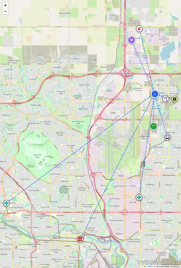 Daily accessibility map for 24 SKYVIEW SPRINGS RD NE, Calgary showing nearby schools, grocery stores, parks, LRT stations and nearby amenities