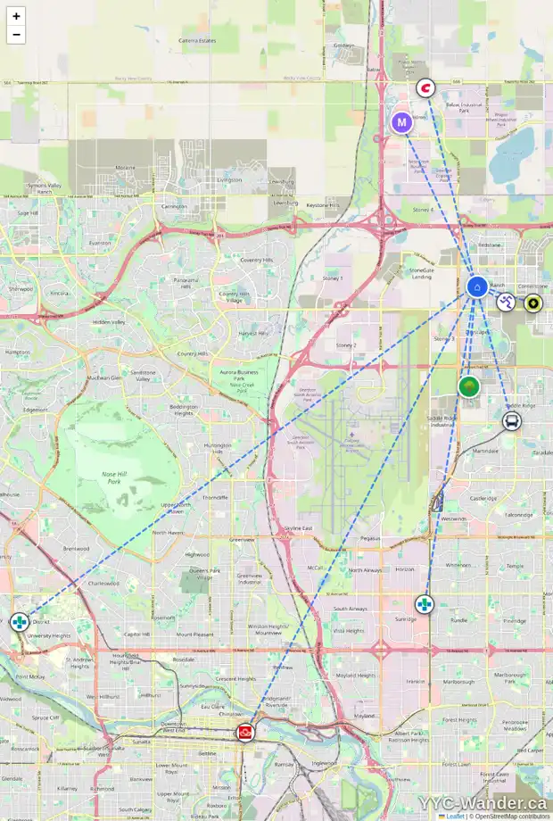 Daily accessibility map for 94 SKYVIEW SPRINGS RI NE, Calgary showing nearby schools, grocery stores, parks, LRT stations and nearby amenities