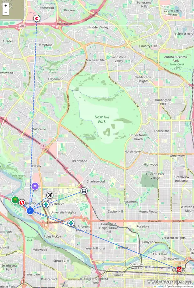 Daily accessibility map for 2 4622 17 AV NW, Calgary showing nearby schools, grocery stores, parks, LRT stations and nearby amenities