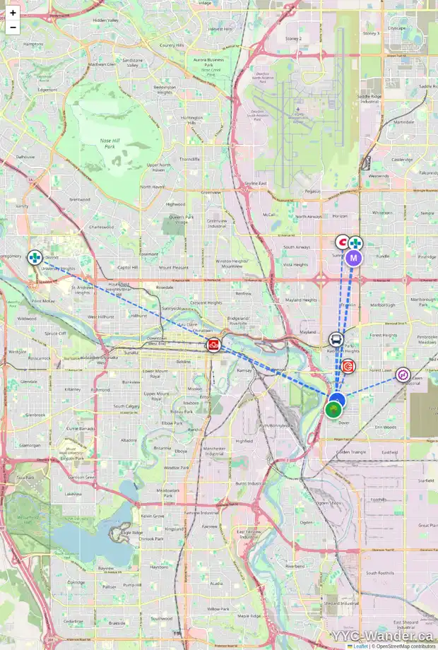 Daily accessibility map for 331 2727 28 AV SE, Calgary showing nearby schools, grocery stores, parks, LRT stations and nearby amenities