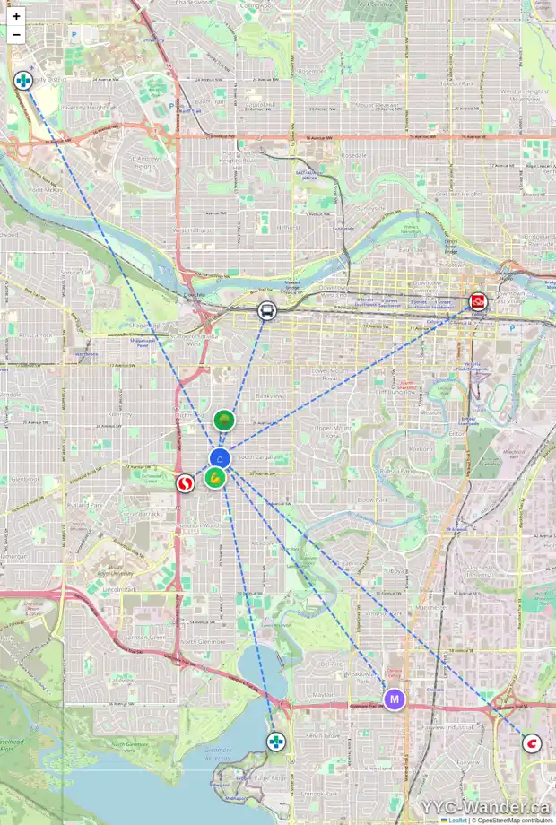 Daily accessibility map for 2106 31 AV SW, Calgary showing nearby schools, grocery stores, parks, LRT stations and nearby amenities