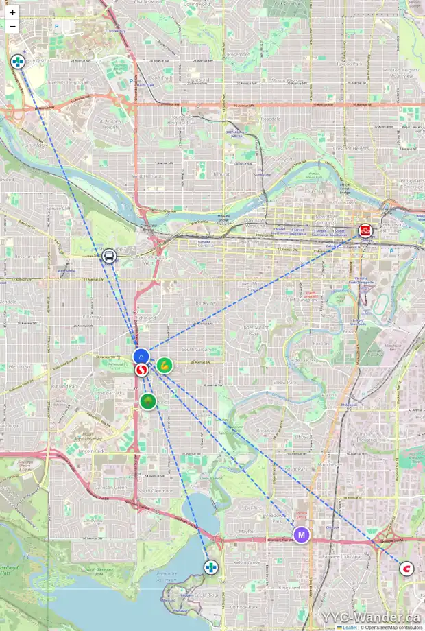 Daily accessibility map for 2448 32 AV SW, Calgary showing nearby schools, grocery stores, parks, LRT stations and nearby amenities