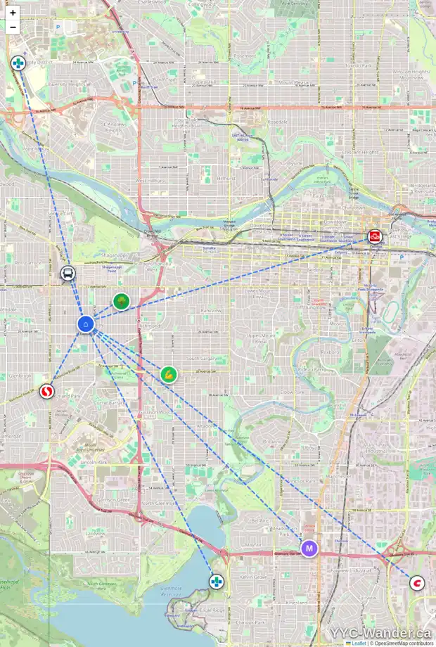 Daily accessibility map for 2434 31 ST SW, Calgary showing nearby schools, grocery stores, parks, LRT stations and nearby amenities