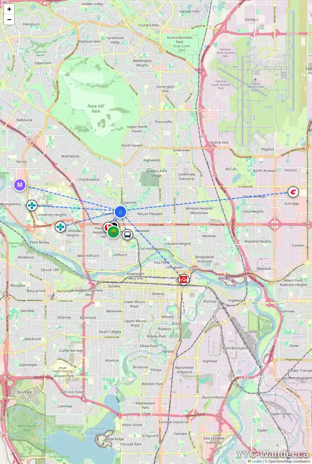 Daily accessibility map for 1525 22 AV NW, Calgary showing nearby schools, grocery stores, parks, LRT stations and nearby amenities