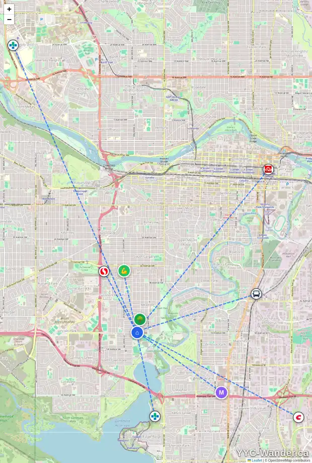 Daily accessibility map for 1924 50 AV SW, Calgary showing nearby schools, grocery stores, parks, LRT stations and nearby amenities