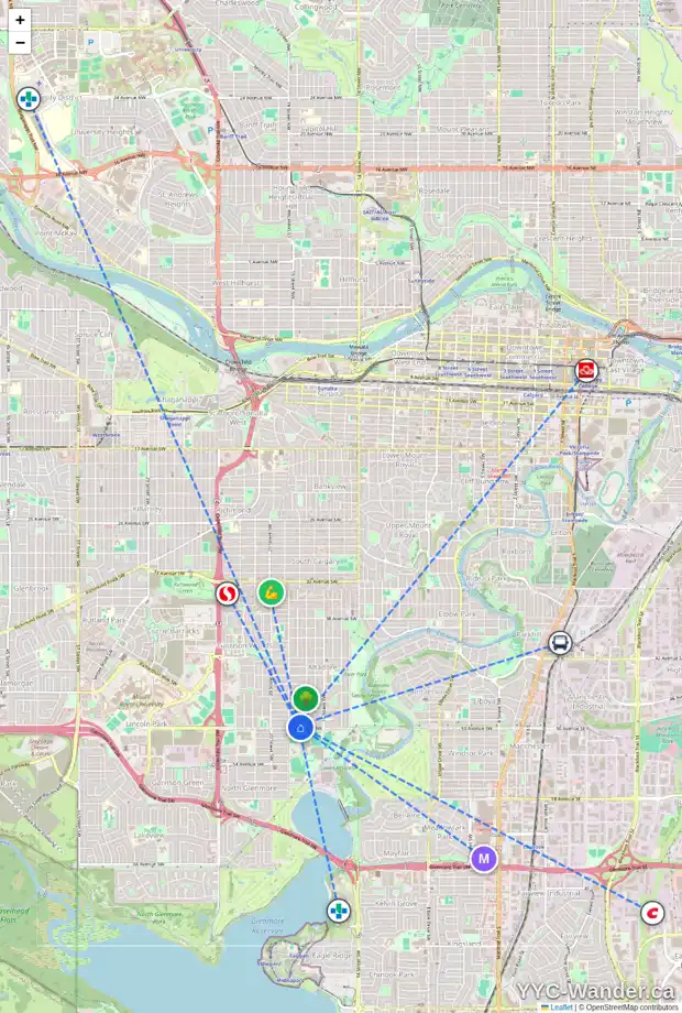 Daily accessibility map for 1922 50 AV SW, Calgary showing nearby schools, grocery stores, parks, LRT stations and nearby amenities