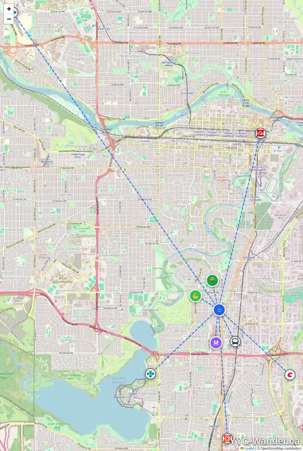 Daily accessibility map for 421 54 AV SW, Calgary showing nearby schools, grocery stores, parks, LRT stations and nearby amenities