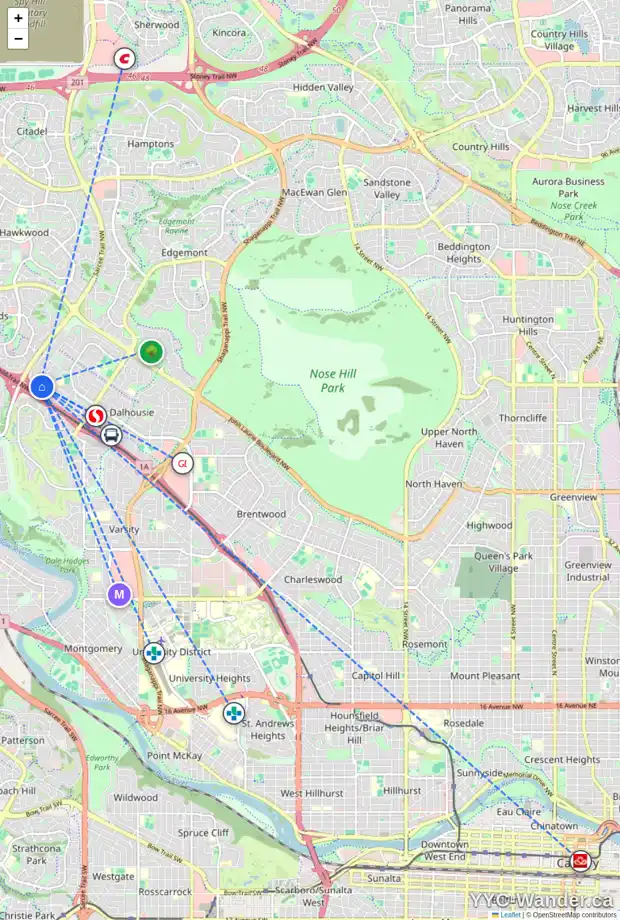 Daily accessibility map for 6003 DALCASTLE DR NW, Calgary showing nearby schools, grocery stores, parks, LRT stations and nearby amenities