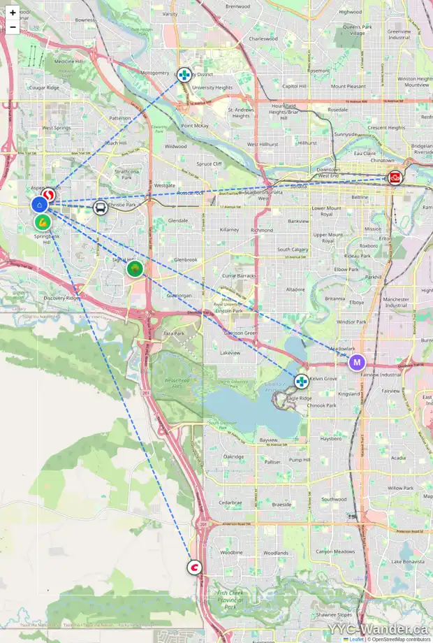 Daily accessibility map for 323 35 ASPENMONT HT SW, Calgary showing nearby schools, grocery stores, parks, LRT stations and nearby amenities