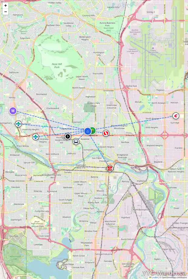 Daily accessibility map for 820 19 AV NW, Calgary showing nearby schools, grocery stores, parks, LRT stations and nearby amenities