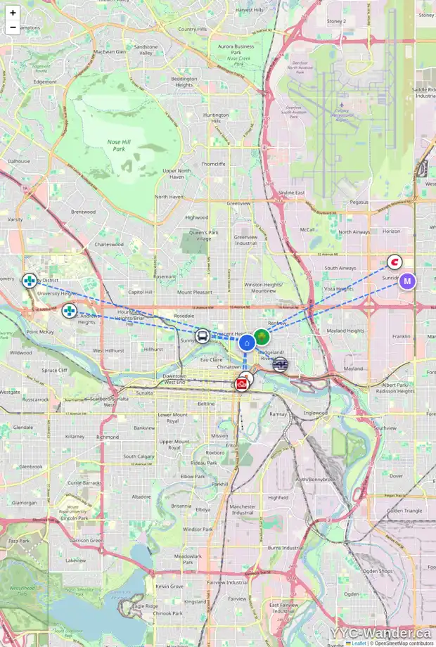 Daily accessibility map for 105 337 6 AV NE, Calgary showing nearby schools, grocery stores, parks, LRT stations and nearby amenities