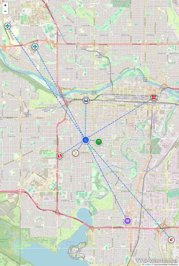 Daily accessibility map for 11 1717 27 AV SW, Calgary showing nearby schools, grocery stores, parks, LRT stations and nearby amenities