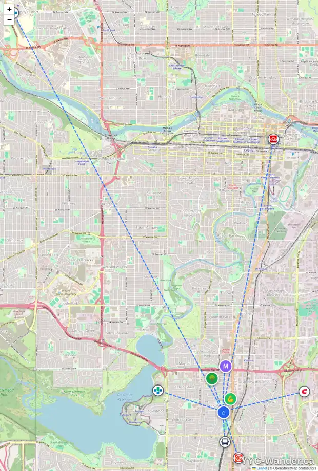 Daily accessibility map for 101 7627 4A ST SW, Calgary showing nearby schools, grocery stores, parks, LRT stations and nearby amenities