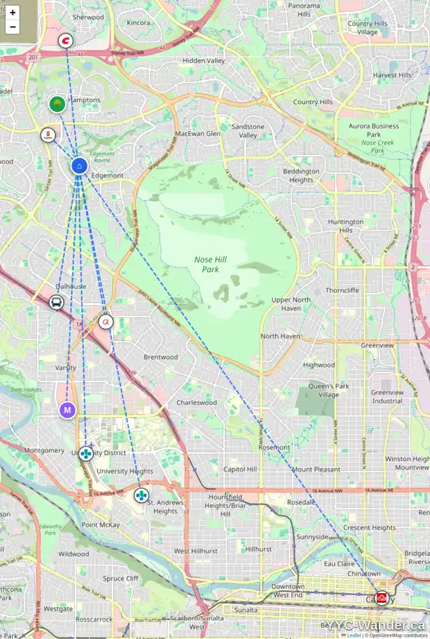 Daily accessibility map for 174 EDGEVIEW DR NW, Calgary showing nearby schools, grocery stores, parks, LRT stations and nearby amenities