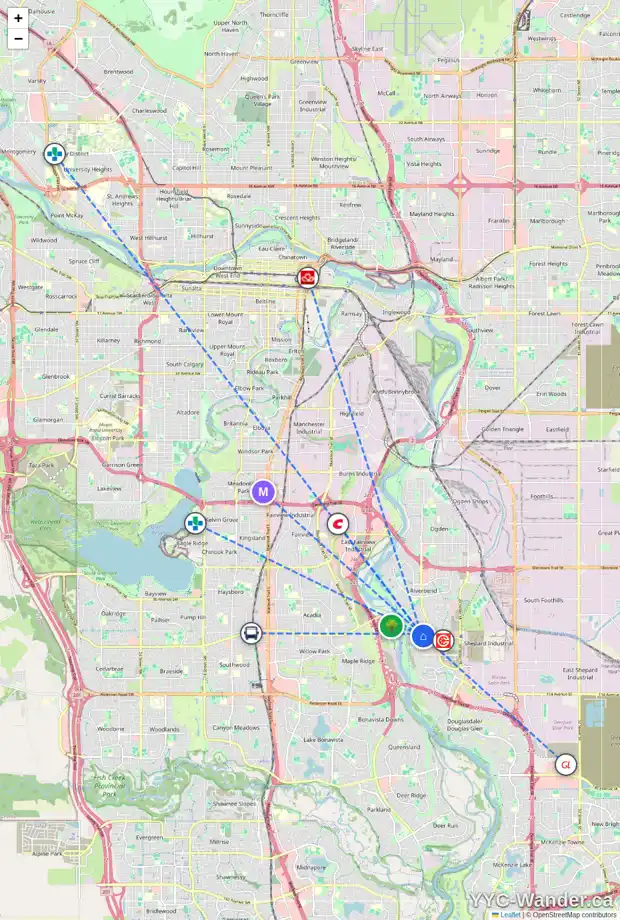 Daily accessibility map for 8 QUARRY LD SE, Calgary showing nearby schools, grocery stores, parks, LRT stations and nearby amenities