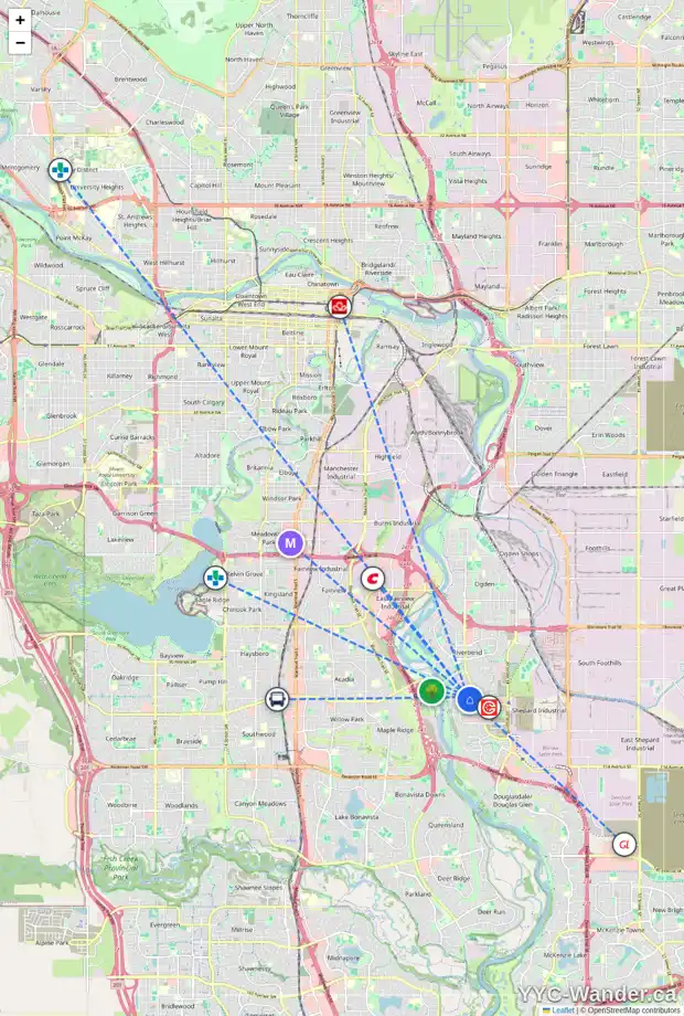 Daily accessibility map for 52 QUARRY LD SE, Calgary showing nearby schools, grocery stores, parks, LRT stations and nearby amenities