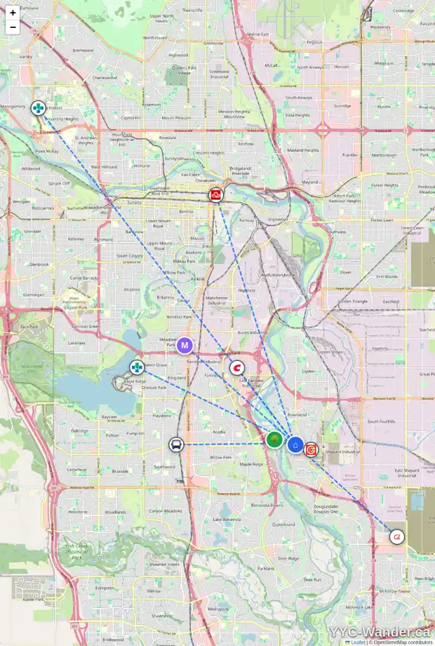 Daily accessibility map for 9 QUARRY WY SE, Calgary showing nearby schools, grocery stores, parks, LRT stations and nearby amenities