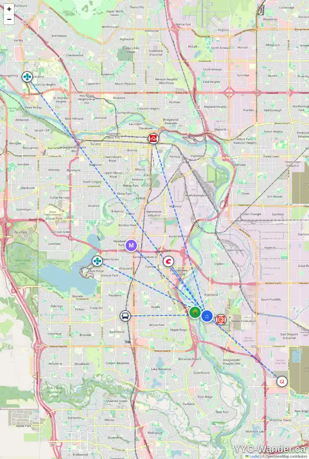Daily accessibility map for 61 QUARRY WY SE, Calgary showing nearby schools, grocery stores, parks, LRT stations and nearby amenities