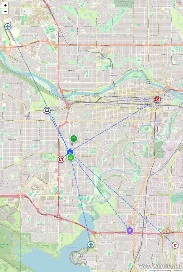 Daily accessibility map for 2131 31 AV SW, Calgary showing nearby schools, grocery stores, parks, LRT stations and nearby amenities