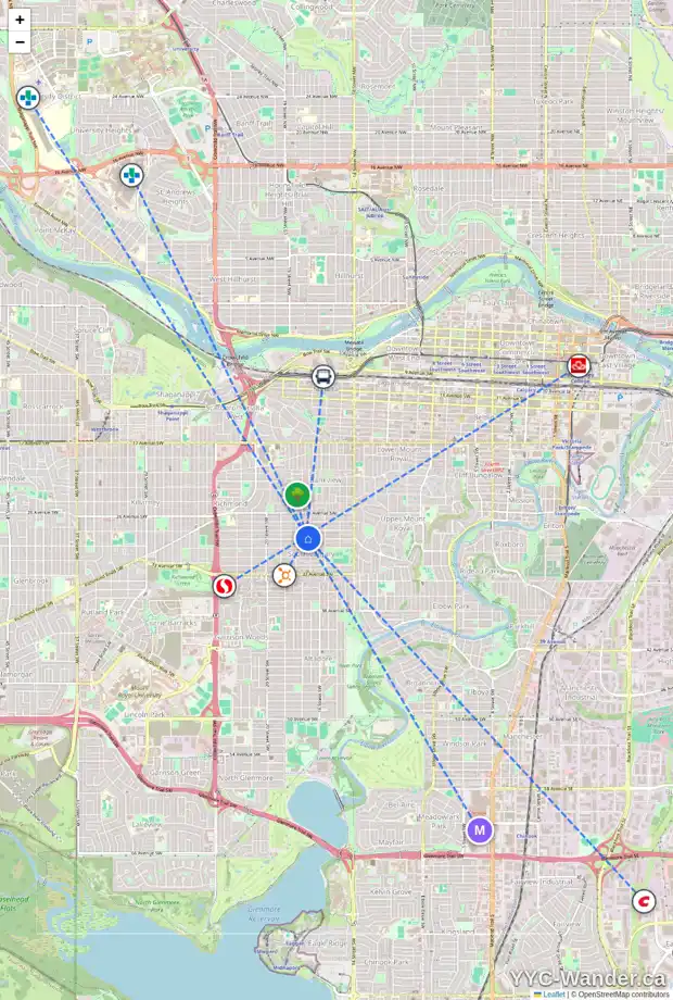 Daily accessibility map for 1812 29 AV SW, Calgary showing nearby schools, grocery stores, parks, LRT stations and nearby amenities
