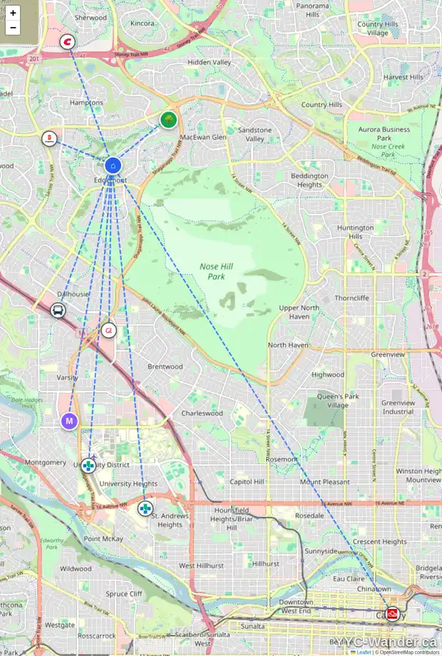 Daily accessibility map for 104 EDGEVALLEY PL NW, Calgary showing nearby schools, grocery stores, parks, LRT stations and nearby amenities