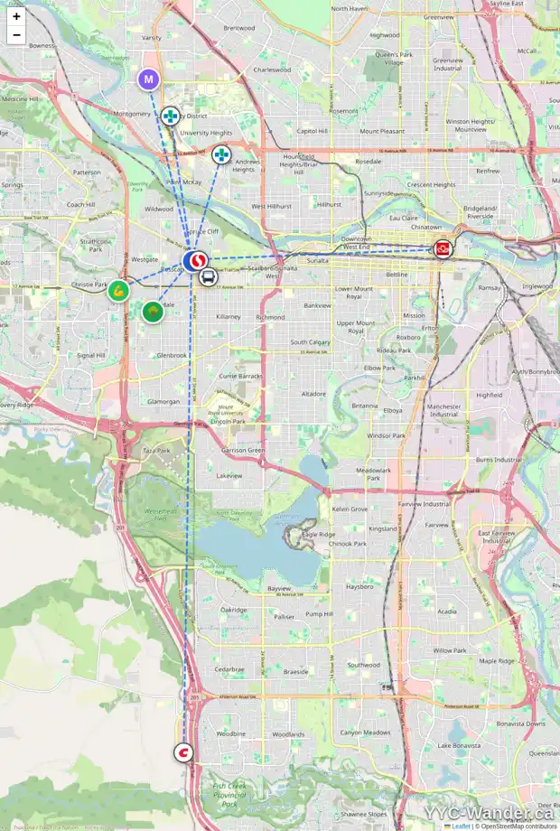 Daily accessibility map for 938 38 ST SW, Calgary showing nearby schools, grocery stores, parks, LRT stations and nearby amenities