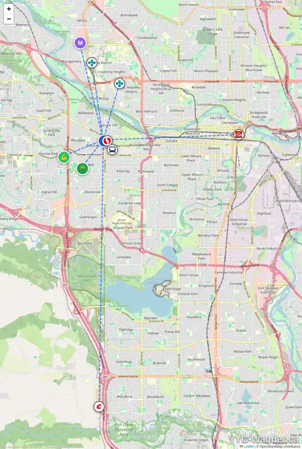 Daily accessibility map for 936 38 ST SW, Calgary showing nearby schools, grocery stores, parks, LRT stations and nearby amenities