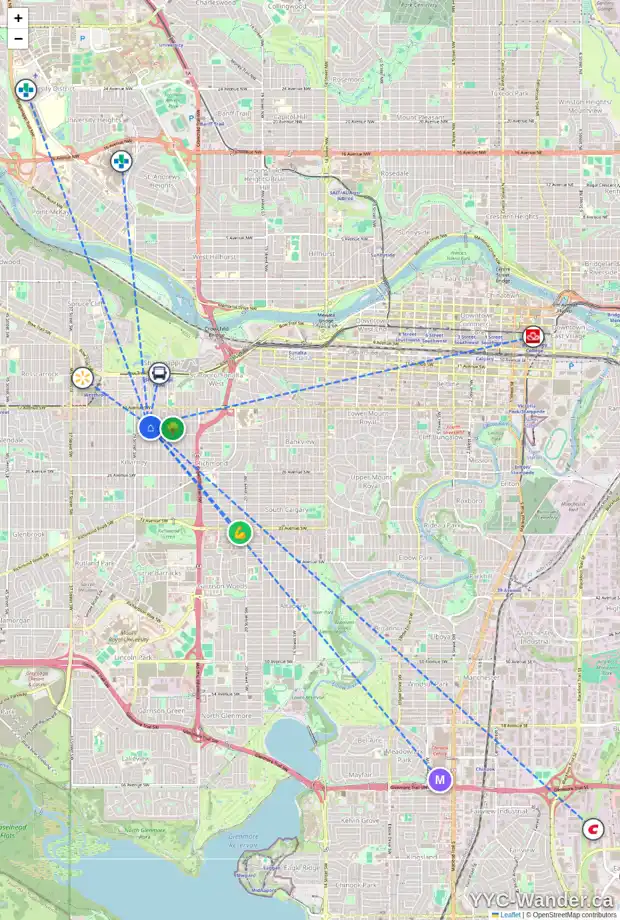 Daily accessibility map for 2013 27 ST SW, Calgary showing nearby schools, grocery stores, parks, LRT stations and nearby amenities