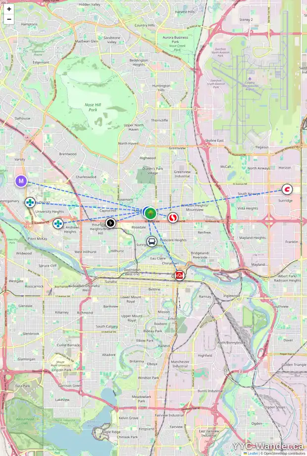 Daily accessibility map for 706 20 AV NW, Calgary showing nearby schools, grocery stores, parks, LRT stations and nearby amenities
