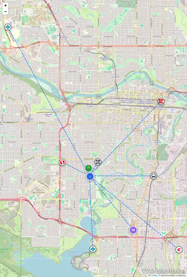 Daily accessibility map for 4114 16 ST SW, Calgary showing nearby schools, grocery stores, parks, LRT stations and nearby amenities