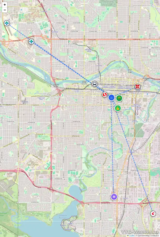Daily accessibility map for 1200 6 ST SW, Calgary showing nearby schools, grocery stores, parks, LRT stations and nearby amenities