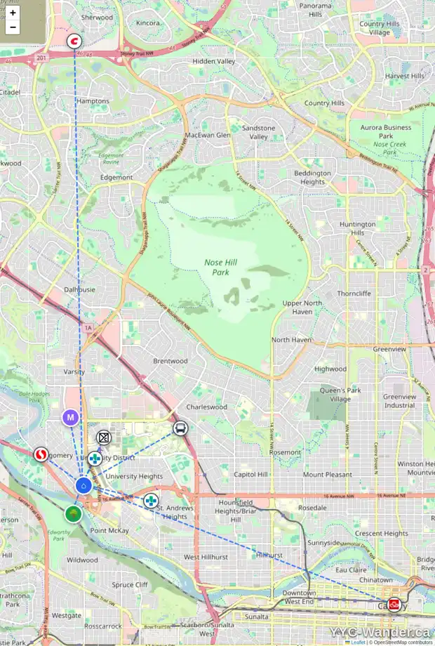 Daily accessibility map for 2013 MACKAY RD NW, Calgary showing nearby schools, grocery stores, parks, LRT stations and nearby amenities