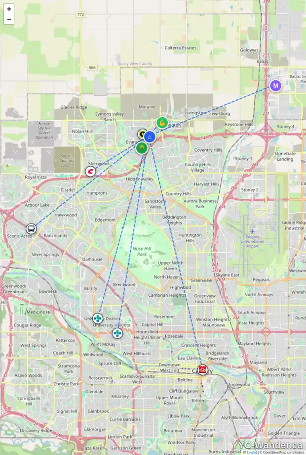 Daily accessibility map for 122 EVANSTON WY NW, Calgary showing nearby schools, grocery stores, parks, LRT stations and nearby amenities