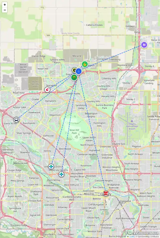 Daily accessibility map for 142 EVANSTON WY NW, Calgary showing nearby schools, grocery stores, parks, LRT stations and nearby amenities
