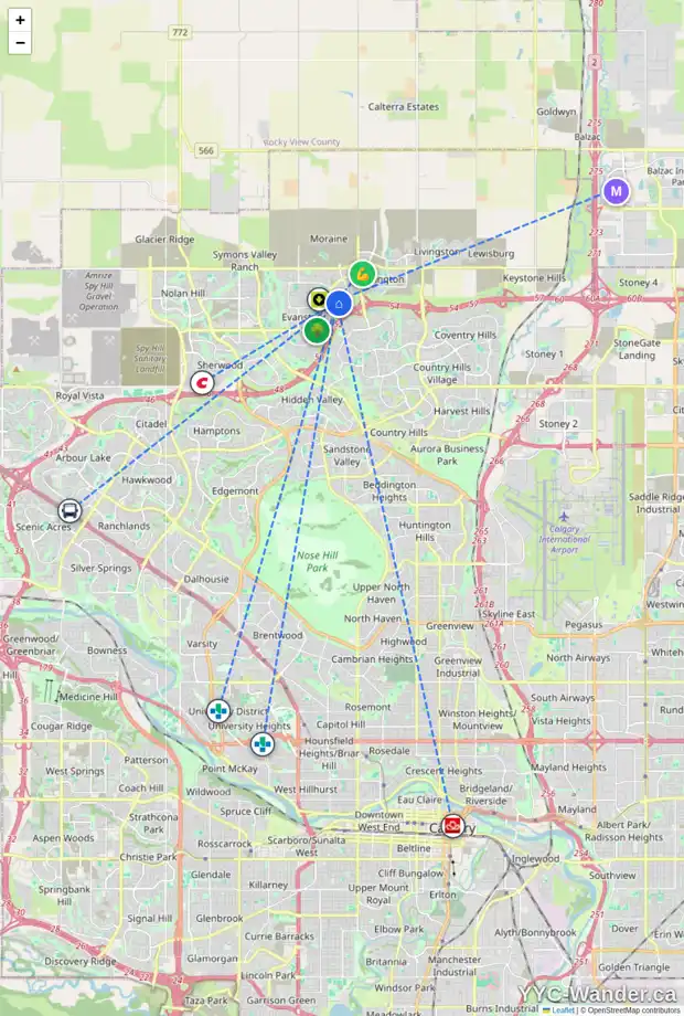 Daily accessibility map for 207 EVANSTON WY NW, Calgary showing nearby schools, grocery stores, parks, LRT stations and nearby amenities