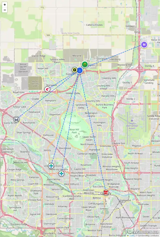 Daily accessibility map for 231 EVANSTON WY NW, Calgary showing nearby schools, grocery stores, parks, LRT stations and nearby amenities