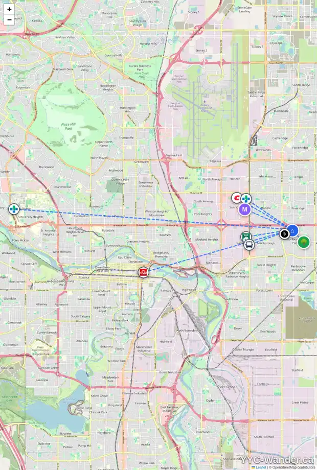 Daily accessibility map for 440 MANORA WY NE, Calgary showing nearby schools, grocery stores, parks, LRT stations and nearby amenities