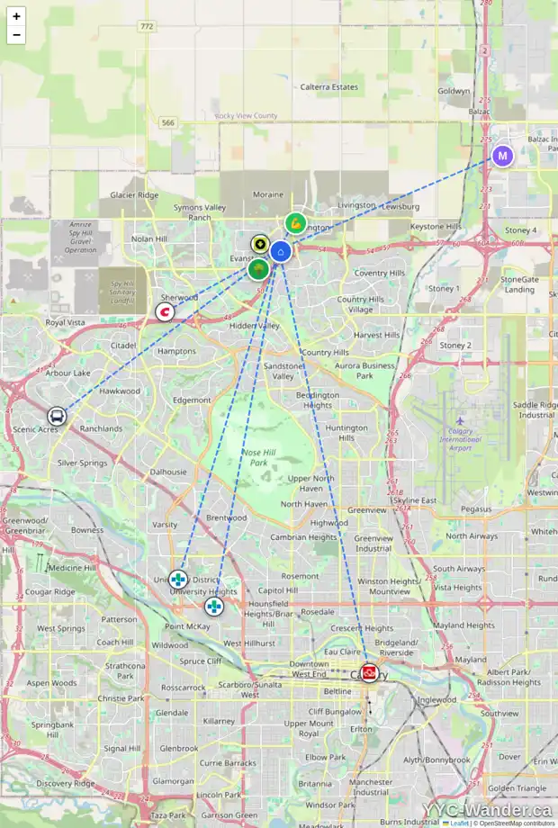 Daily accessibility map for 53 EVANSDALE LD NW, Calgary showing nearby schools, grocery stores, parks, LRT stations and nearby amenities