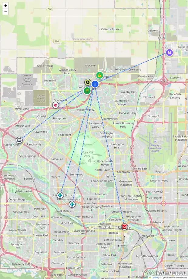 Daily accessibility map for 77 EVANSDALE LD NW, Calgary showing nearby schools, grocery stores, parks, LRT stations and nearby amenities