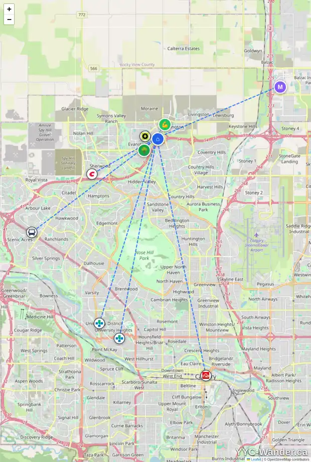 Daily accessibility map for 97 EVANSDALE LD NW, Calgary showing nearby schools, grocery stores, parks, LRT stations and nearby amenities