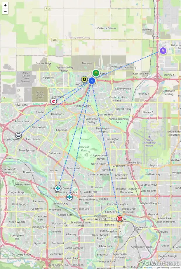 Daily accessibility map for 105 EVANSDALE LD NW, Calgary showing nearby schools, grocery stores, parks, LRT stations and nearby amenities