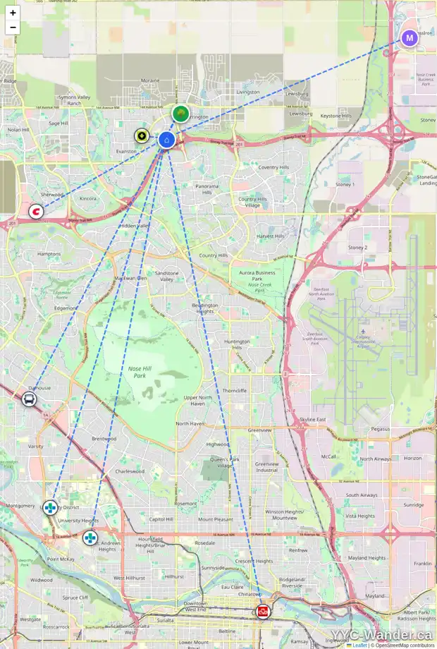 Daily accessibility map for 109 EVANSDALE LD NW, Calgary showing nearby schools, grocery stores, parks, LRT stations and nearby amenities