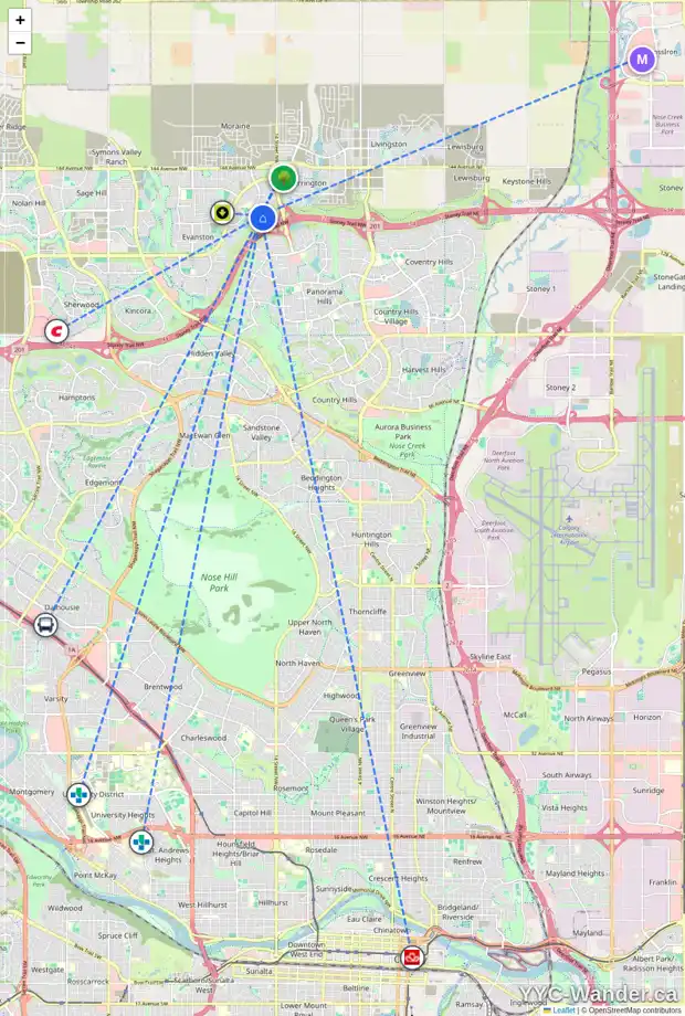 Daily accessibility map for 115 EVANSDALE LD NW, Calgary showing nearby schools, grocery stores, parks, LRT stations and nearby amenities